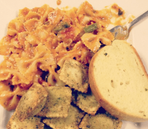 This was our Friday night dinner. Chicken in vodka sauce, toasted ravioli and toast. YUMM!