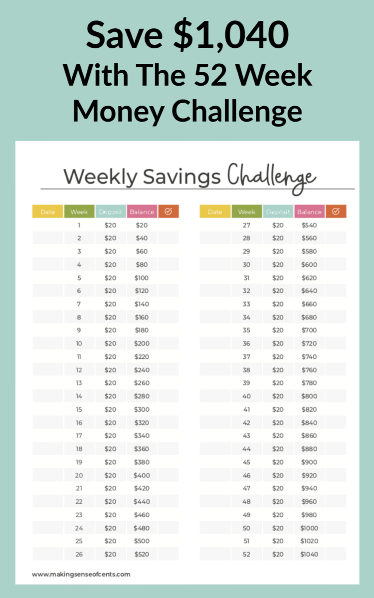 52 Week Money Challenge - Weekly Savings Challenge To $1,040