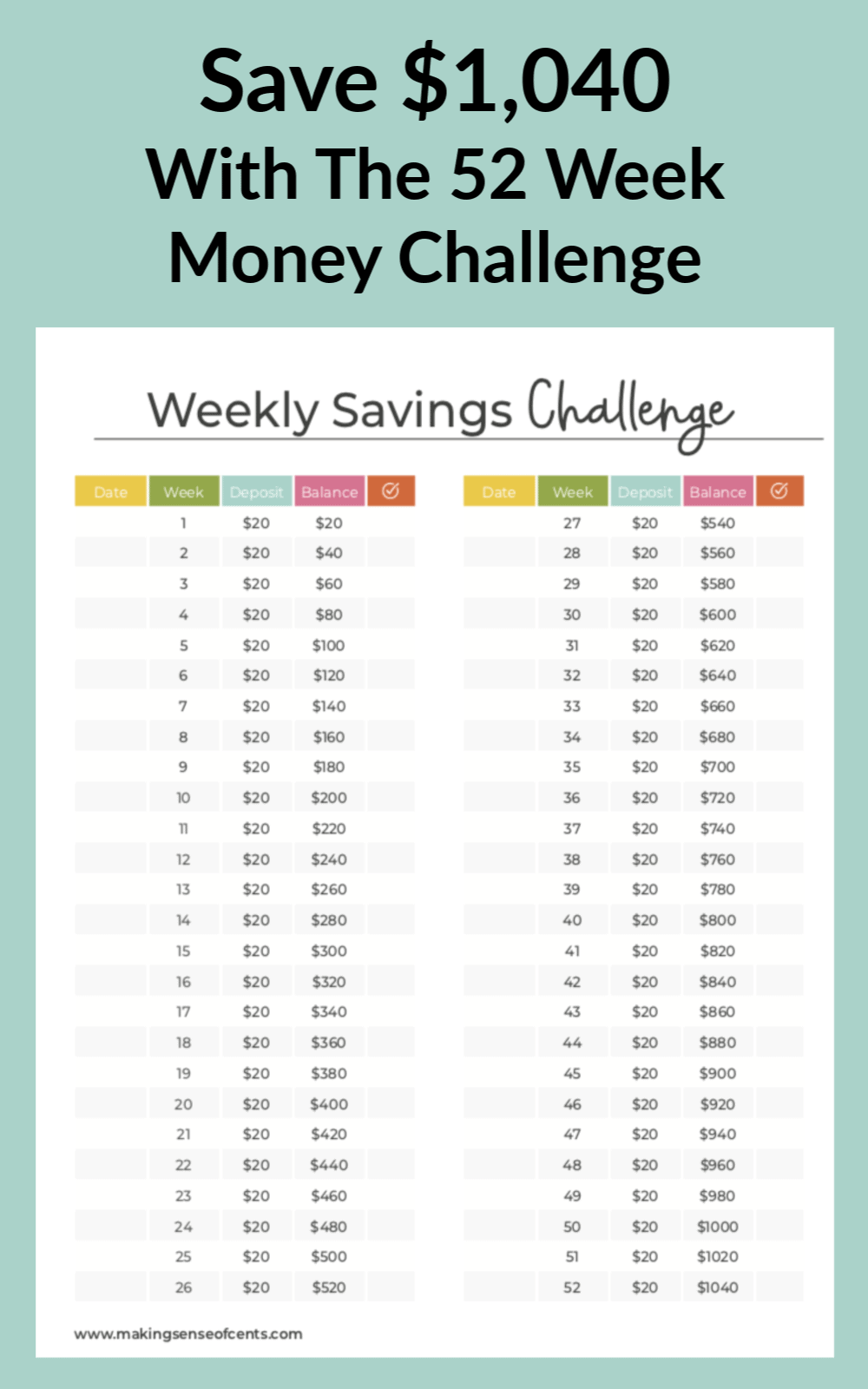52 Week Money Challenge Weekly Savings Challenge To $1 040