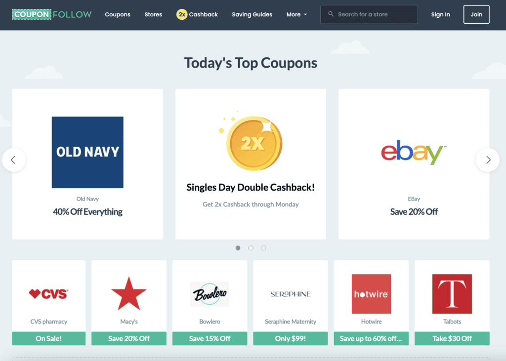 best coupon sites - couponfollow homepage