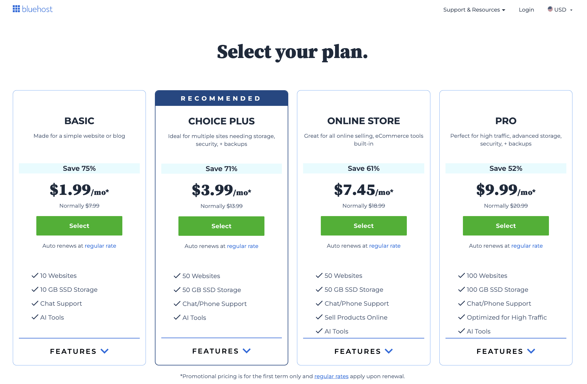 Screenshot of Bluehost pricing. how to start a WordPress blog on Bluehost