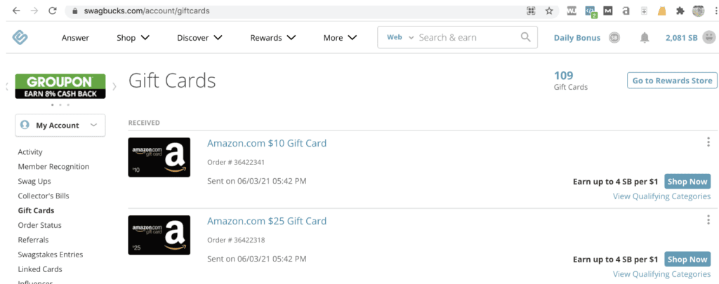 I’ve received over 100 gift cards from Swagbucks, as you can see in this screenshot.