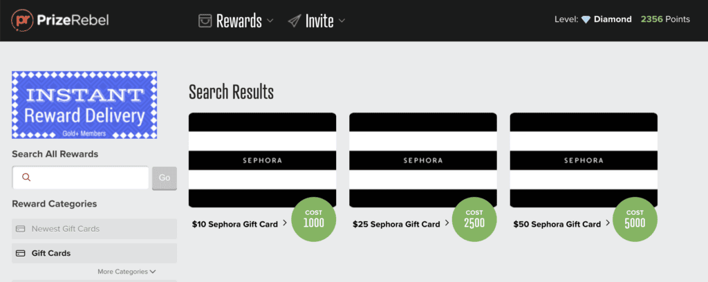 How To Get a Free Sephora Gift Card from Prizerebel. this is a screenshot from Prizerebel that shows the Sephora gift cards you can get.