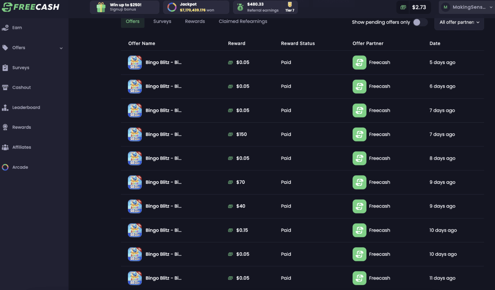 Proof that I’ve made money playing games on Freecash. The $0.05 amounts were rewards for playing 2 minutes each day. The larger amounts like $40, $70, and $150 were for reaching certain levels.