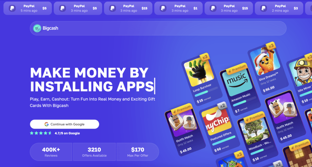 screenshot of bigcash homepage