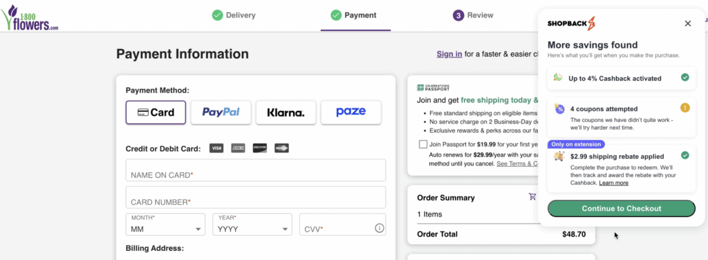 How the shipping rebates look with the browser extension