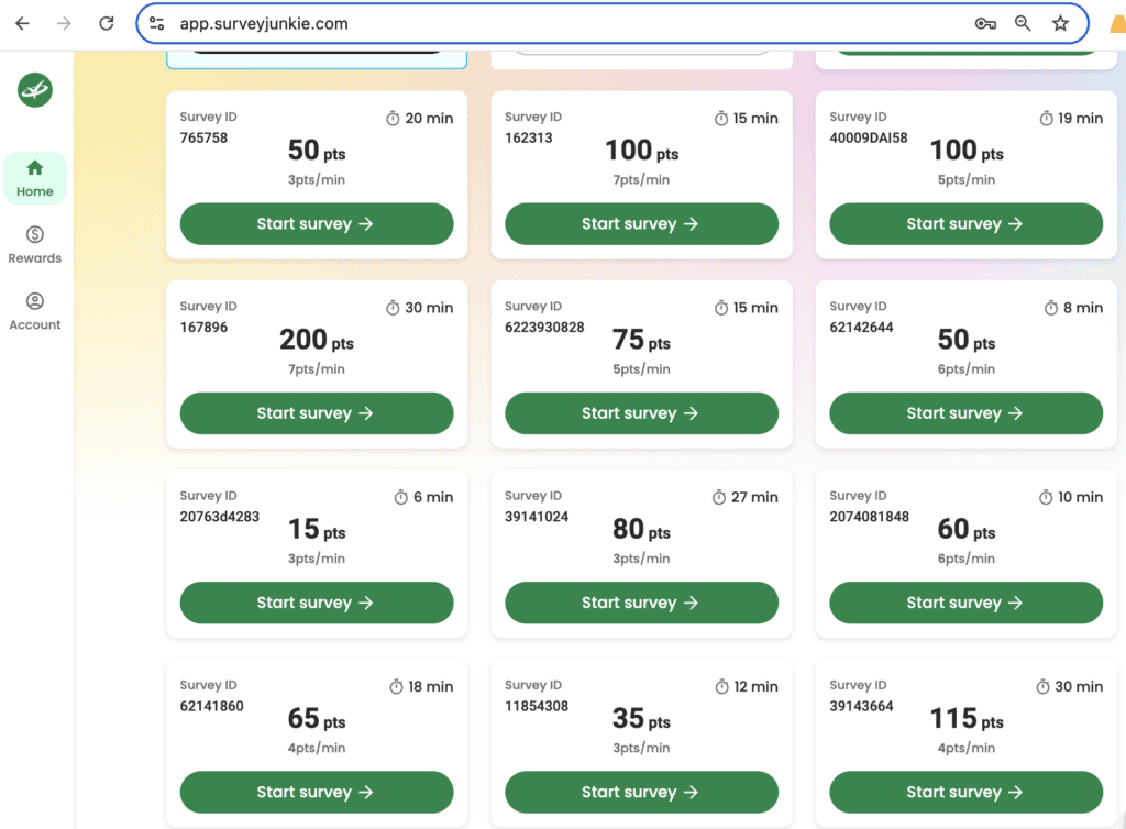 survey junkie examples of points that I can earn for each survey I answer